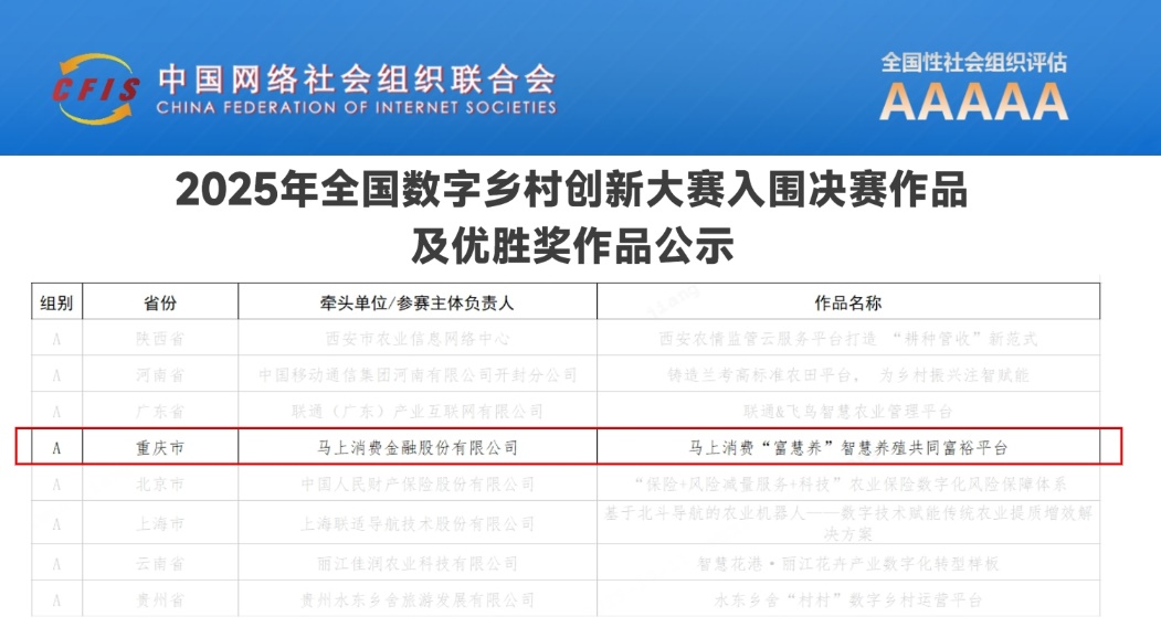 Pg电子平台：马上消费“富慧养”平台荣获2025年全国数字乡村创新大赛优胜奖(图1)